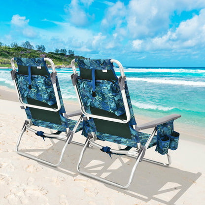 Costway Set of 2 Folding Beach Chair Set with Headrest and Cup Holder-Blue