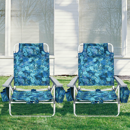 Costway Set of 2 Folding Beach Chair Set with Headrest and Cup Holder-Blue