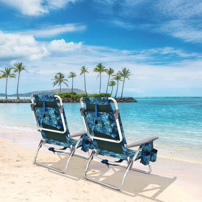 Costway Set of 2 Folding Beach Chair Set with Headrest and Cup Holder-Blue