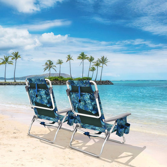 Costway Set of 2 Folding Beach Chair Set with Headrest and Cup Holder-Blue