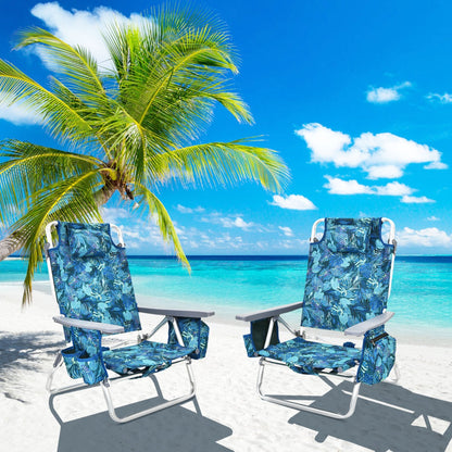 Costway Set of 2 Folding Beach Chair Set with Headrest and Cup Holder-Blue