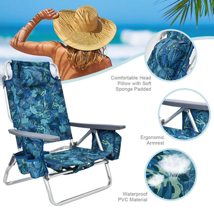 Costway Set of 2 Folding Beach Chair Set with Headrest and Cup Holder-Blue