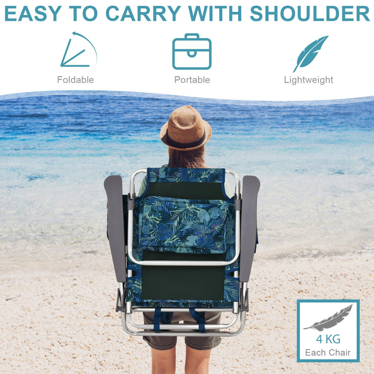 Anti-rust aluminum frames support up to 136 kilograms per chair for dependable beach, camping, and fishing use