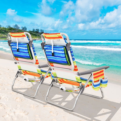 Costway Set of 2 Folding Beach Chair Set with Headrest and Cup Holder-Multicolor