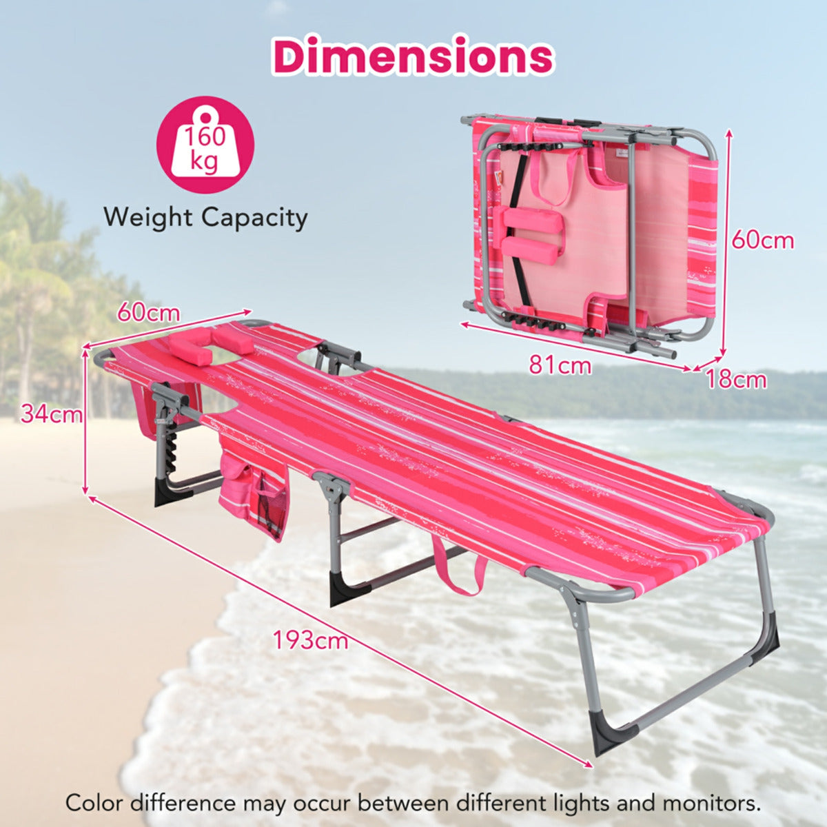 Folding Beach Lounge Chair with Pillow for Outdoor-Light Pink