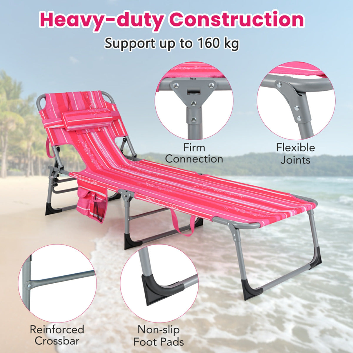 Folding Beach Lounge Chair with Pillow for Outdoor-Light Pink