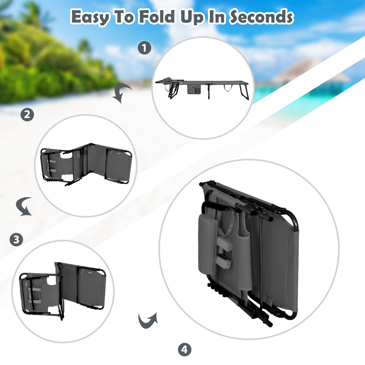 Foldable outdoor lounger includes a side storage pocket for phones, keys, books, and small essentials