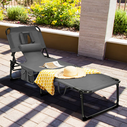 Lightweight 13 pound folding chaise lounge opens without tools and stores easily in compact spaces