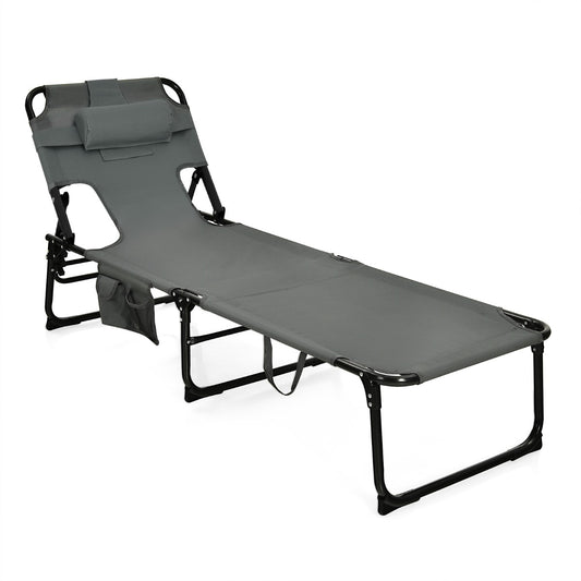 Costway Folding Beach Lounge Chair with Pillow for Outdoor-Grey