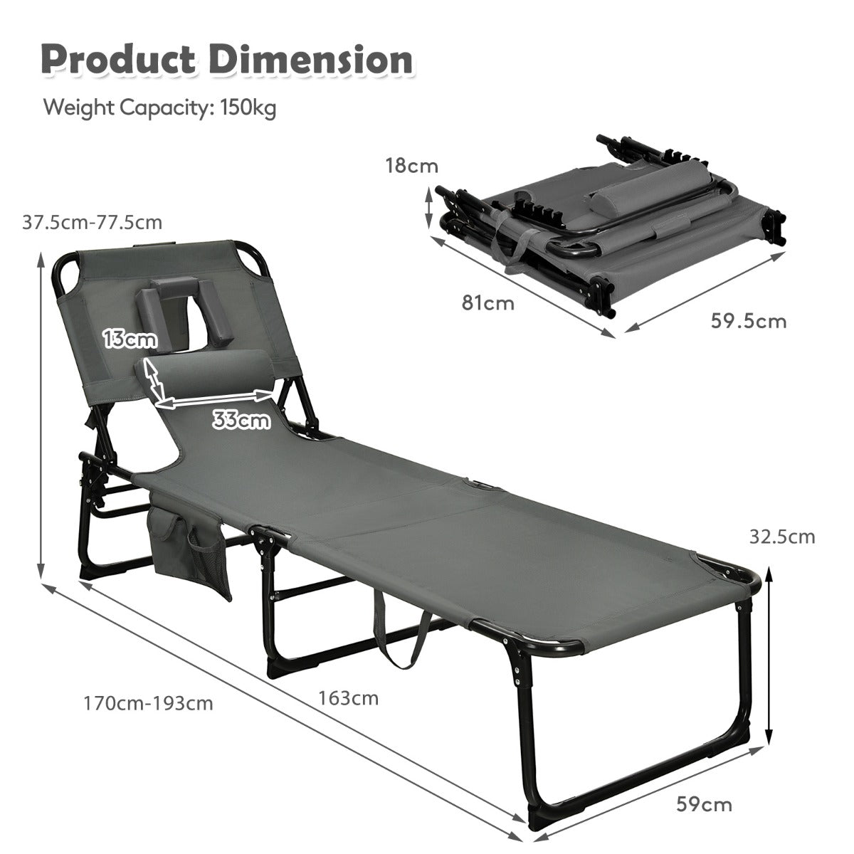 Foldable lounge chair with five adjustable positions for sitting, reclining, sleeping, and outdoor relaxation