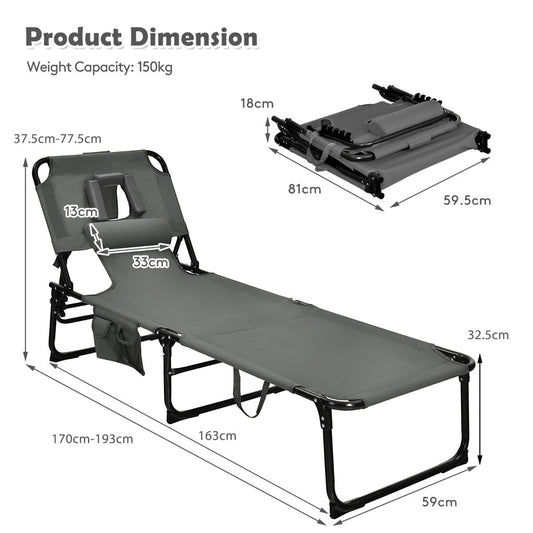 Foldable lounge chair with five adjustable positions for sitting, reclining, sleeping, and outdoor relaxation