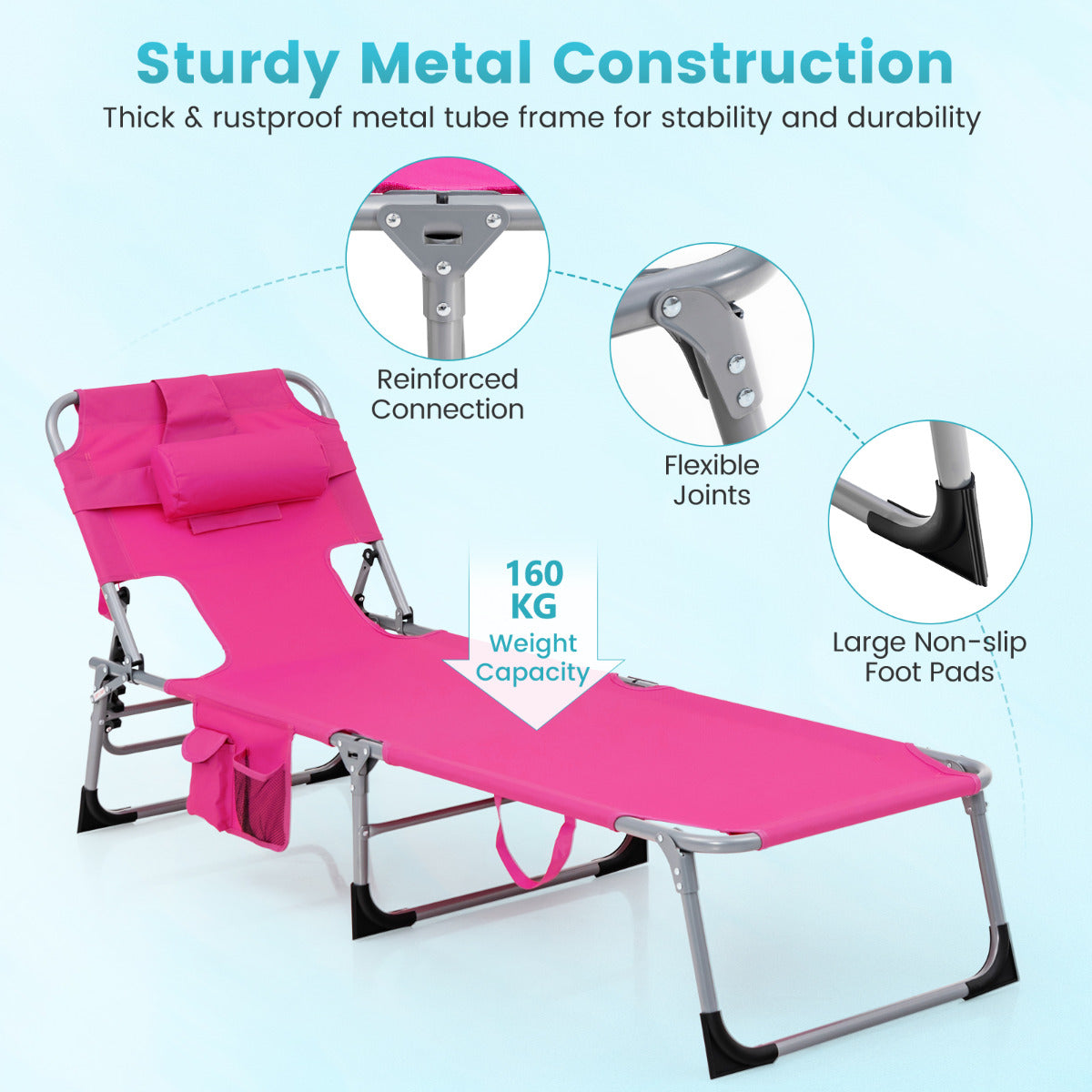 Folding Beach Lounge Chair with Pillow for Outdoor-Pink