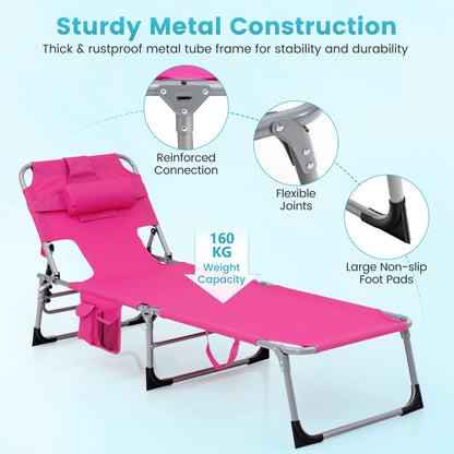 Folding Beach Lounge Chair with Pillow for Outdoor-Pink