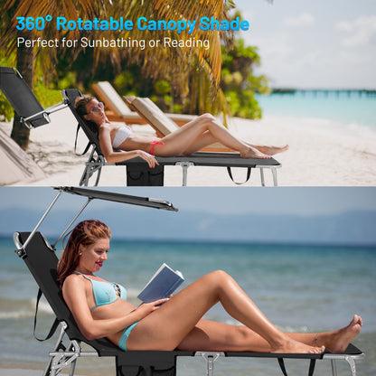 Costway Foldable Sun Shading Lounge Chair with Side Storage Pocket for Garden Black