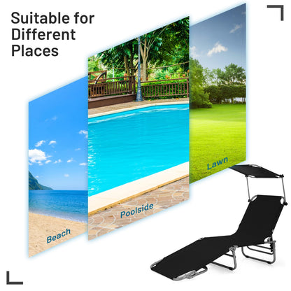 Costway Foldable Sun Shading Lounge Chair with Side Storage Pocket for Garden Black