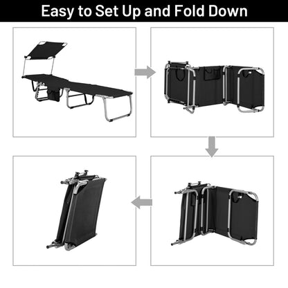 Costway Foldable Sun Shading Lounge Chair with Side Storage Pocket for Garden Black