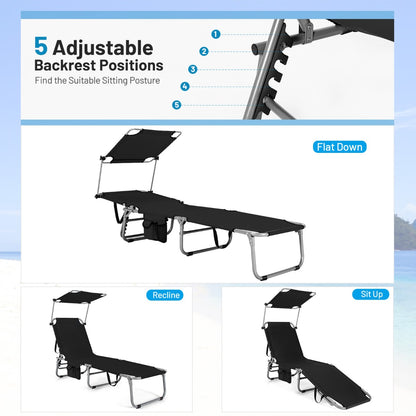 Costway Foldable Sun Shading Lounge Chair with Side Storage Pocket for Garden Black