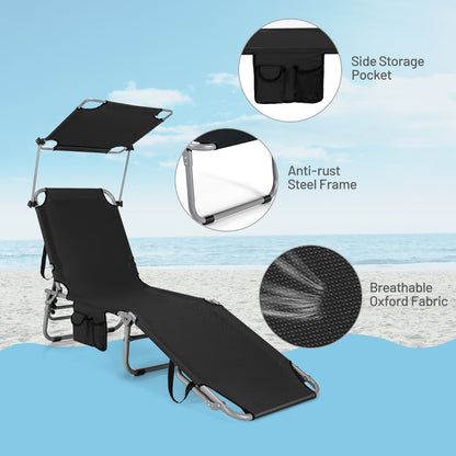 Costway Foldable Sun Shading Lounge Chair with Side Storage Pocket for Garden Black
