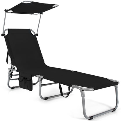 Costway Foldable Sun Shading Lounge Chair with Side Storage Pocket for Garden Black