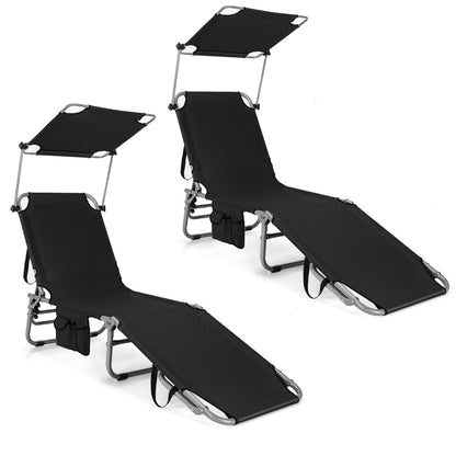 Costway Foldable Sun Shading Lounge Chair with Side Storage Pocket for Garden Black