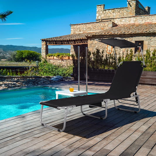 Costway Foldable Sun Shading Lounge Chair with Side Storage Pocket for Garden Black