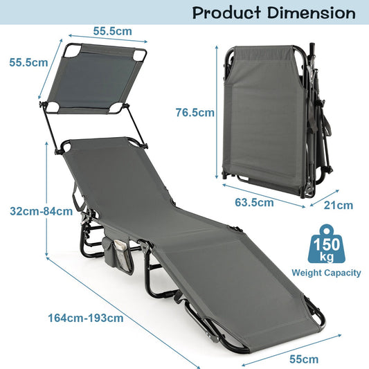 Adjustable folding chaise lounge offers comfortable relaxation at the beach, poolside, patio or garden