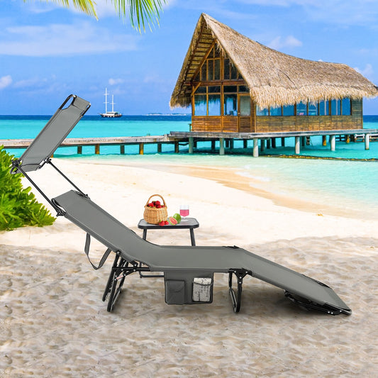 Costway Foldable Sun Shading Lounge Chair with Side Storage Pocket for Garden-Grey