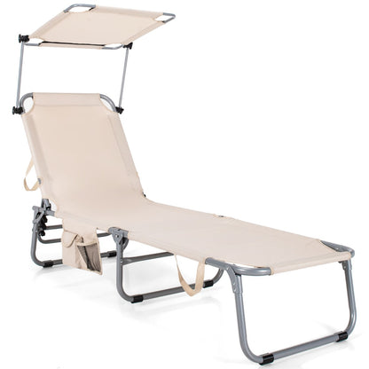 Costway Foldable Sun Shading Lounge Chair with Side Storage Pocket for Garden