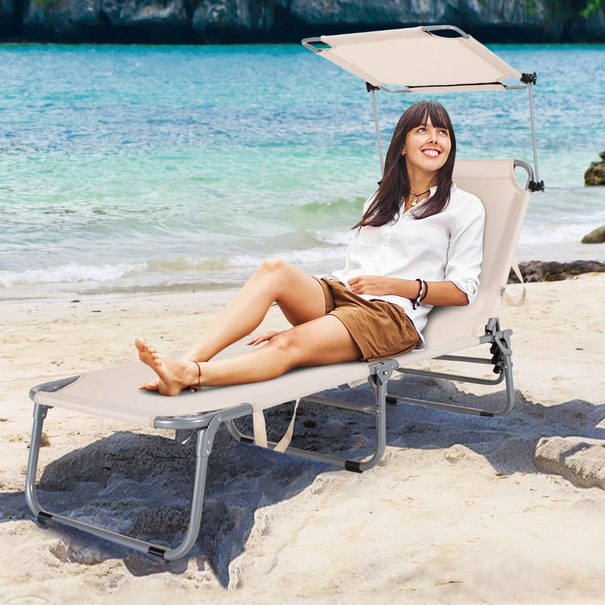 Removable sun shade helps block bright sunlight while relaxing at the beach, pool, patio, or campsite