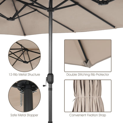 Double-Sided Patio Umbrella with Hand-Crank System and Enhanced Base for Residential and Commercial Use-Beige