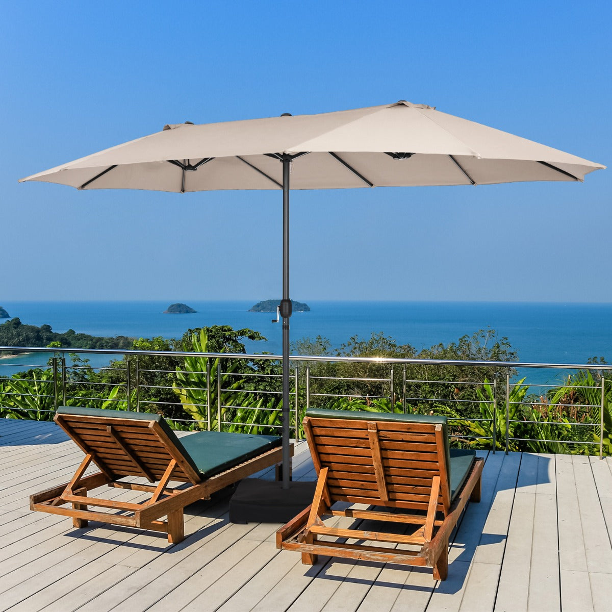Double-Sided Patio Umbrella with Hand-Crank System and Enhanced Base for Residential and Commercial Use-Beige