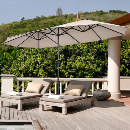 Double-Sided Patio Umbrella with Hand-Crank System and Enhanced Base for Residential and Commercial Use-Beige
