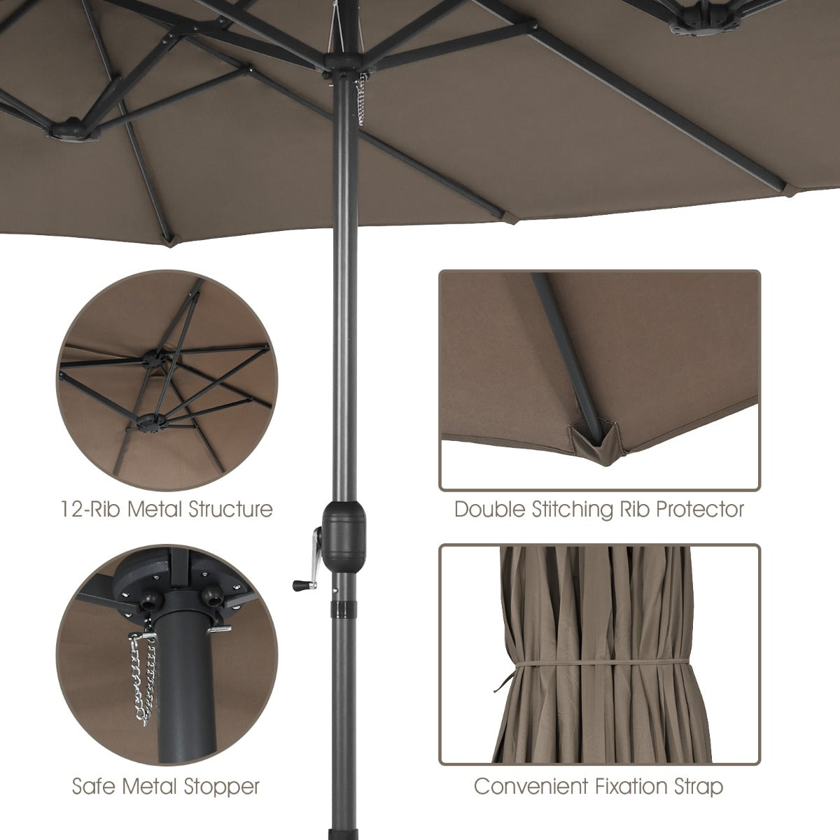 Double-Sided Patio Umbrella with Hand-Crank System and Enhanced Base for Residential and Commercial Use-Coffee