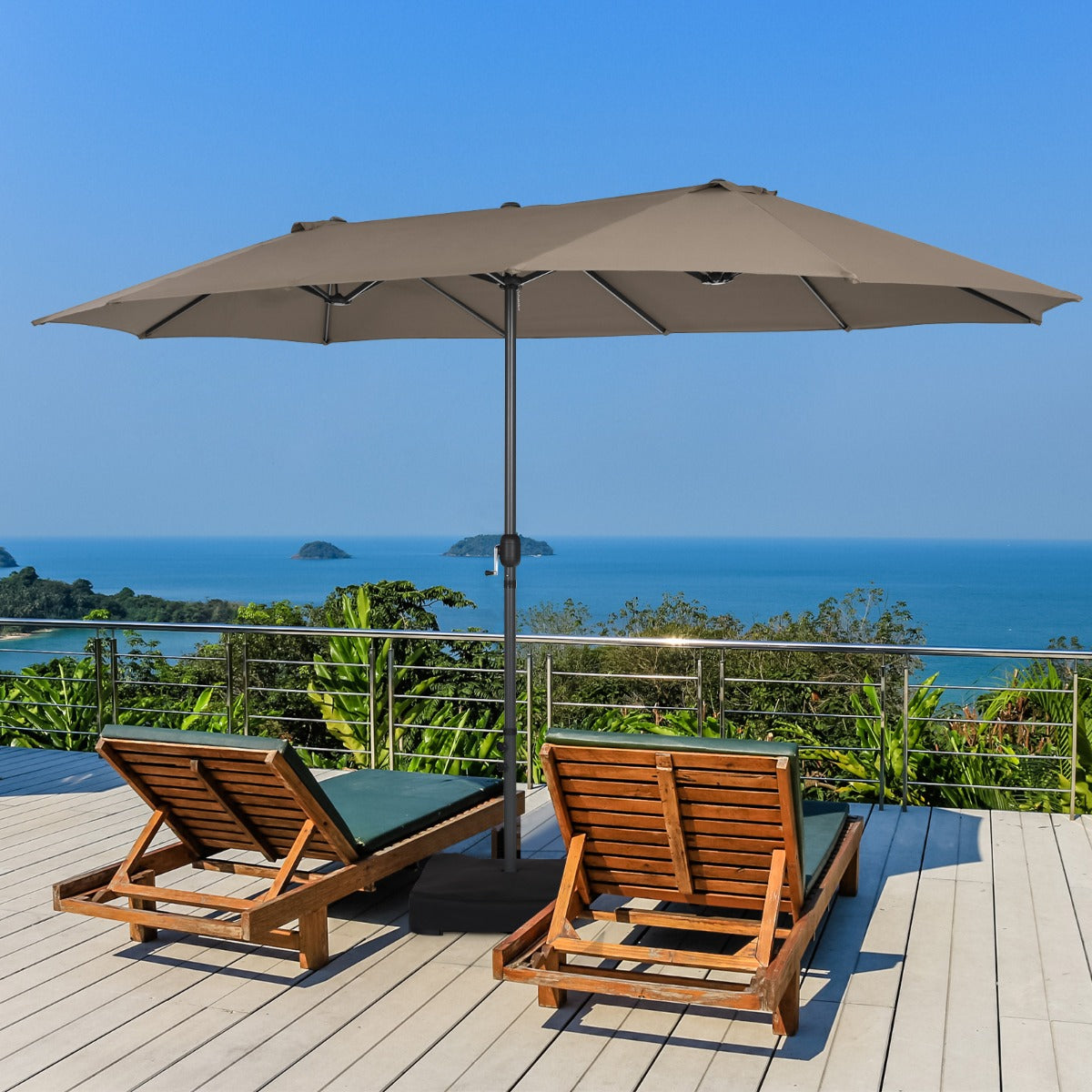 Double-Sided Patio Umbrella with Hand-Crank System and Enhanced Base for Residential and Commercial Use-Coffee