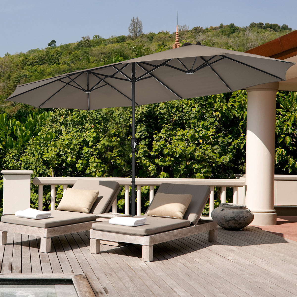 Double-Sided Patio Umbrella with Hand-Crank System and Enhanced Base for Residential and Commercial Use-Coffee