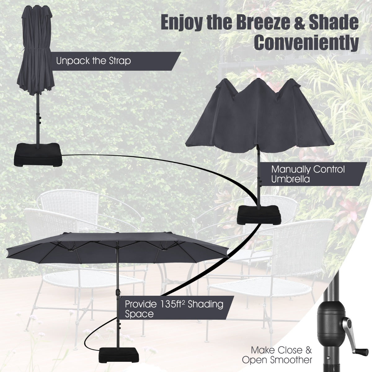 Double-Sided Patio Umbrella with Hand-Crank System and Enhanced Base for Residential and Commercial Use -Dark Grey