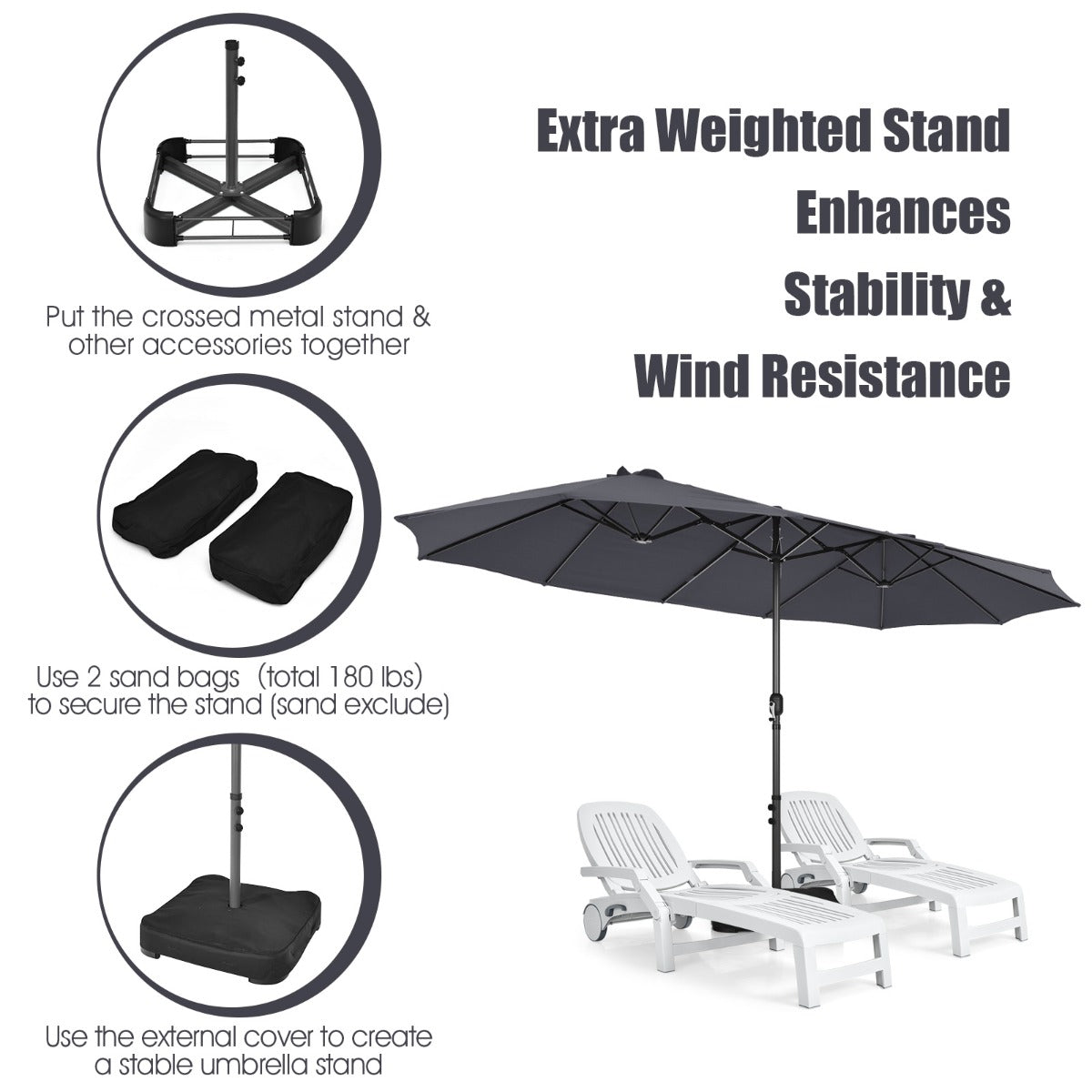 Double-Sided Patio Umbrella with Hand-Crank System and Enhanced Base for Residential and Commercial Use -Dark Grey