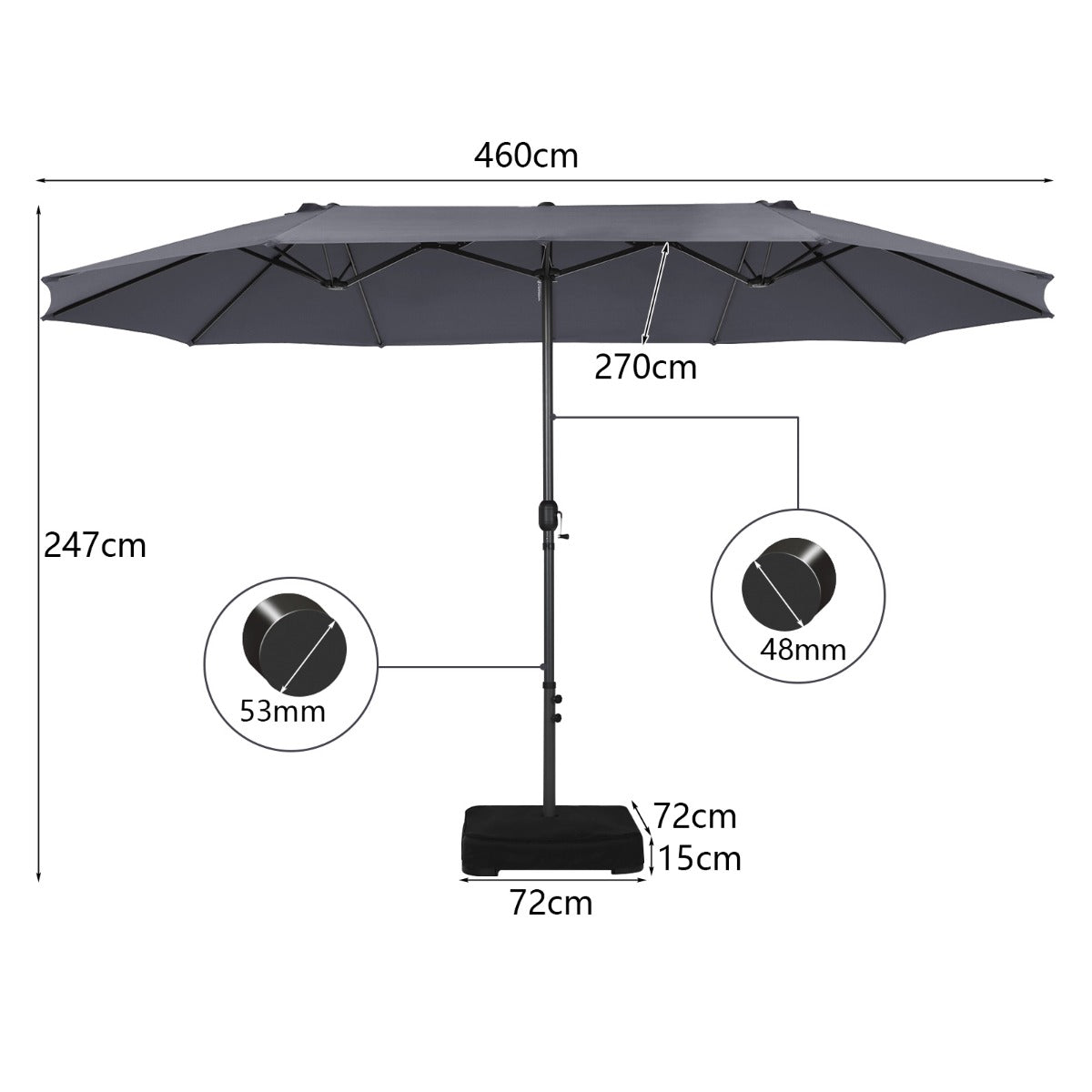 Double-Sided Patio Umbrella with Hand-Crank System and Enhanced Base for Residential and Commercial Use -Dark Grey