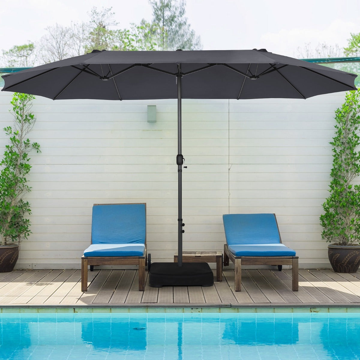 Double-Sided Patio Umbrella with Hand-Crank System and Enhanced Base for Residential and Commercial Use -Dark Grey