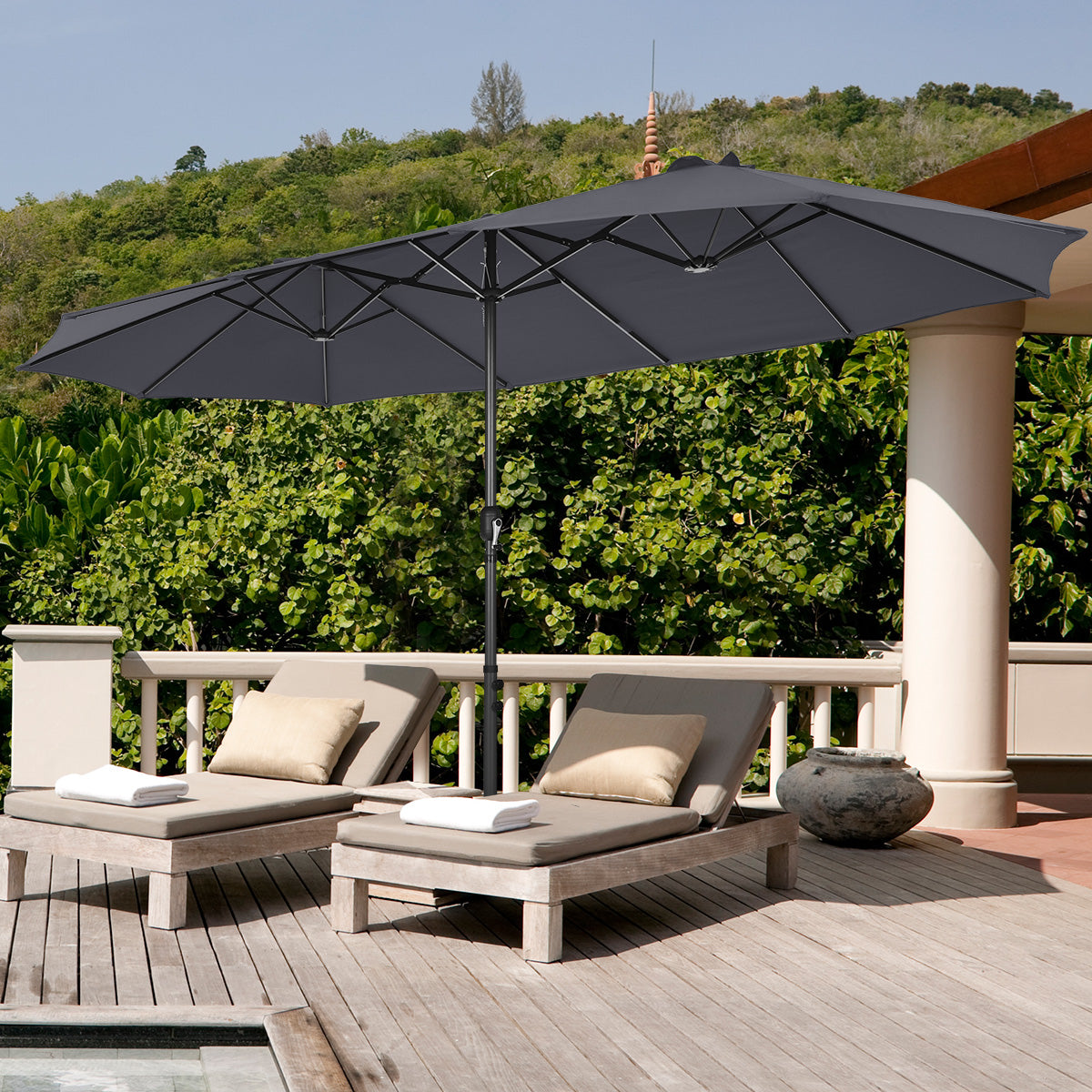 Double-Sided Patio Umbrella with Hand-Crank System and Enhanced Base for Residential and Commercial Use -Dark Grey