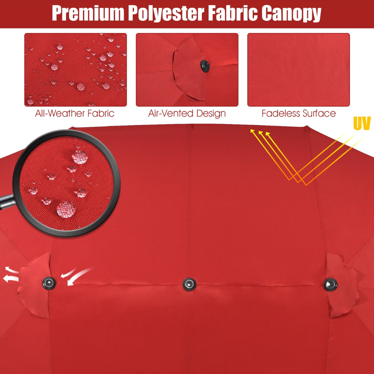 Large patio twin umbrella suits backyards, gardens, outdoor markets, fairgrounds, and pool areas