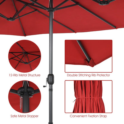Costway Double-Sided Patio Umbrella with Hand-Crank System and Enhanced Base for Residential and Commercial Use-Wine