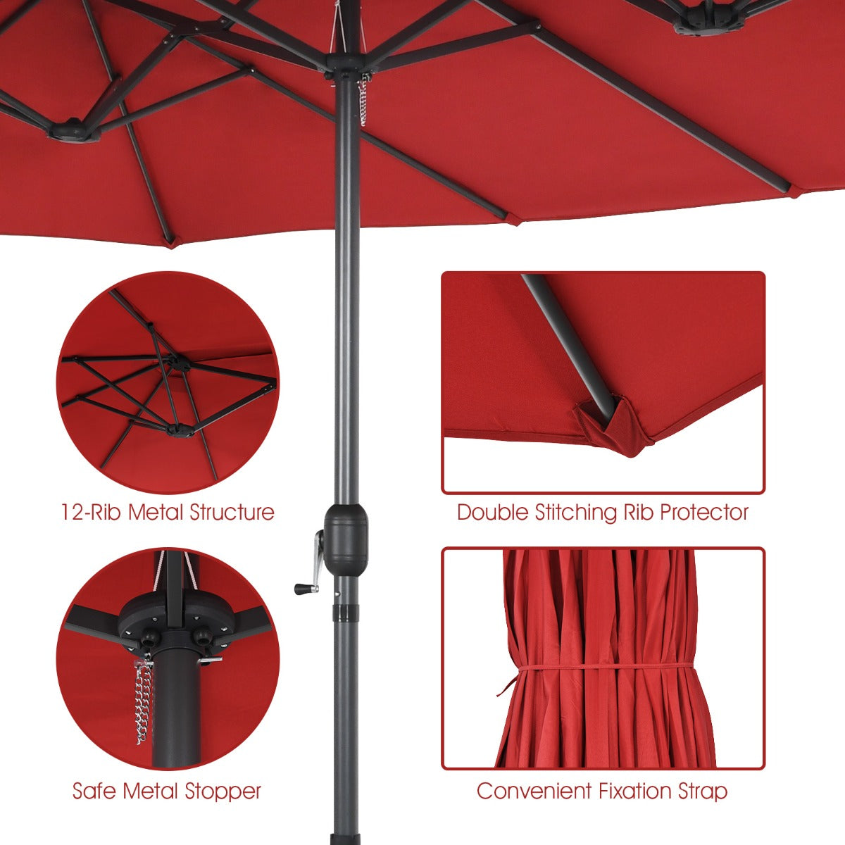 Double-sided patio umbrella measures 460 x 270 x 247 cm for expansive outdoor shade coverage