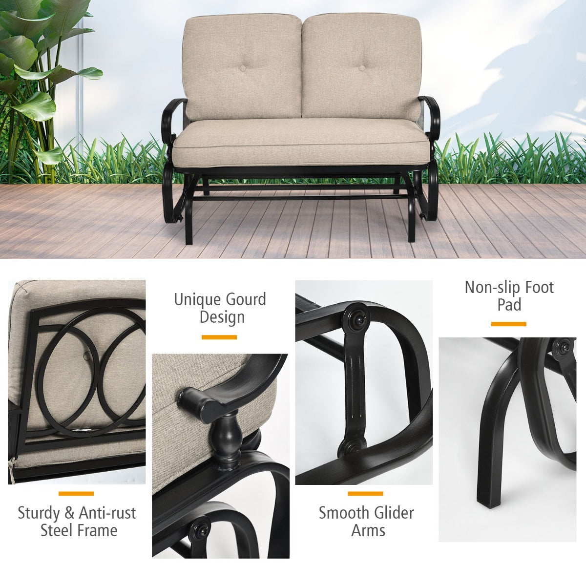 Anti-slip foot pads improve stability and help keep the rocking bench securely positioned