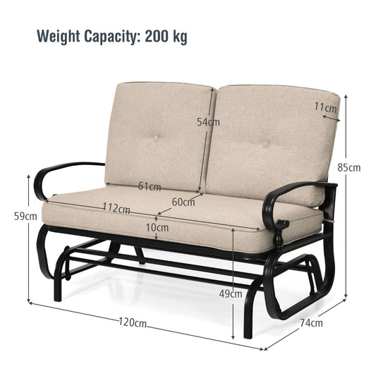 Beige and blue two-person patio glider bench with thick cushions, curved armrests, gourd details, and steel frame