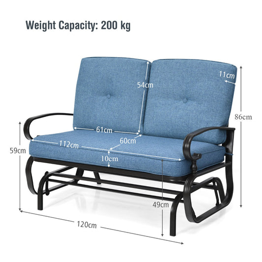 Outdoor two-person glider bench with thick cushions, curved armrests, gourd details, and rustproof steel frame