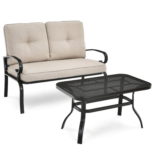 Costway 2 Pieces Outdoor Conversation Set with Ergonomic Backrest & Armrest for Balcony & Poolside Beige