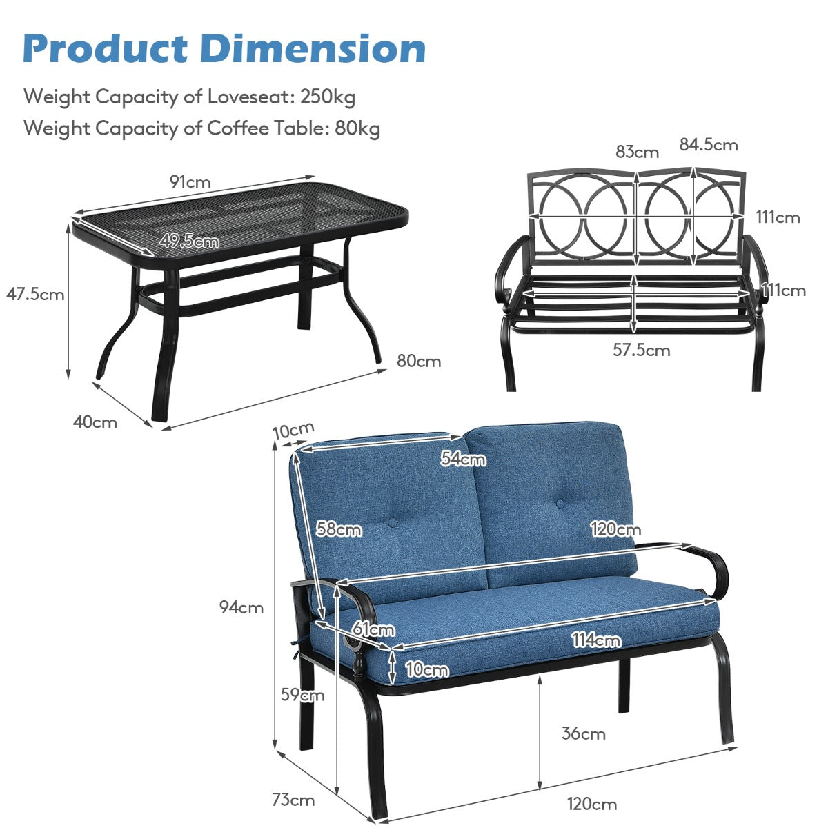 Two-piece patio loveseat set includes a cushioned loveseat, coffee table, seat cushion, and two back cushions