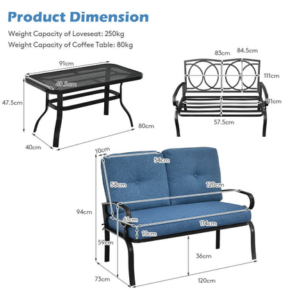 Two-piece patio loveseat set includes a cushioned loveseat, coffee table, seat cushion, and two back cushions