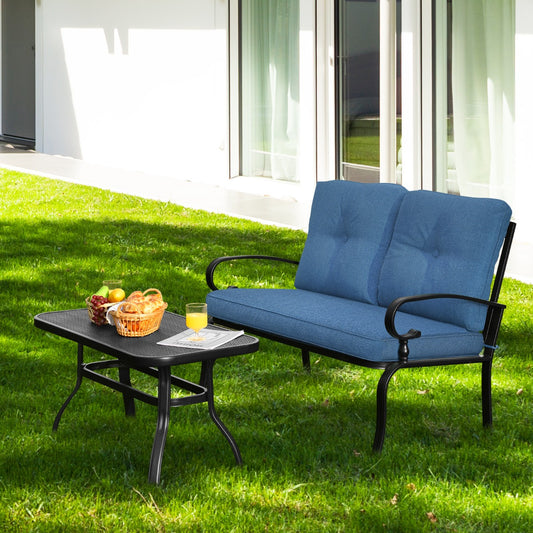 Costway 2 Pieces Outdoor Conversation Set with Ergonomic Backrest & Armrest for Balcony & Poolside Blue